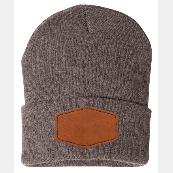 12" Solid Cuffed Beanie W/ Leather Patch Thumbnail
